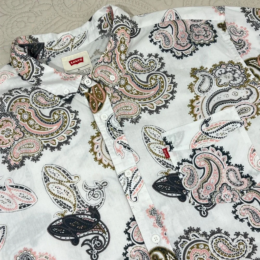LEVIS STRAUS Men's Paisley‎ Shirt Sleeve Button Up All Over Print XL White Pink
